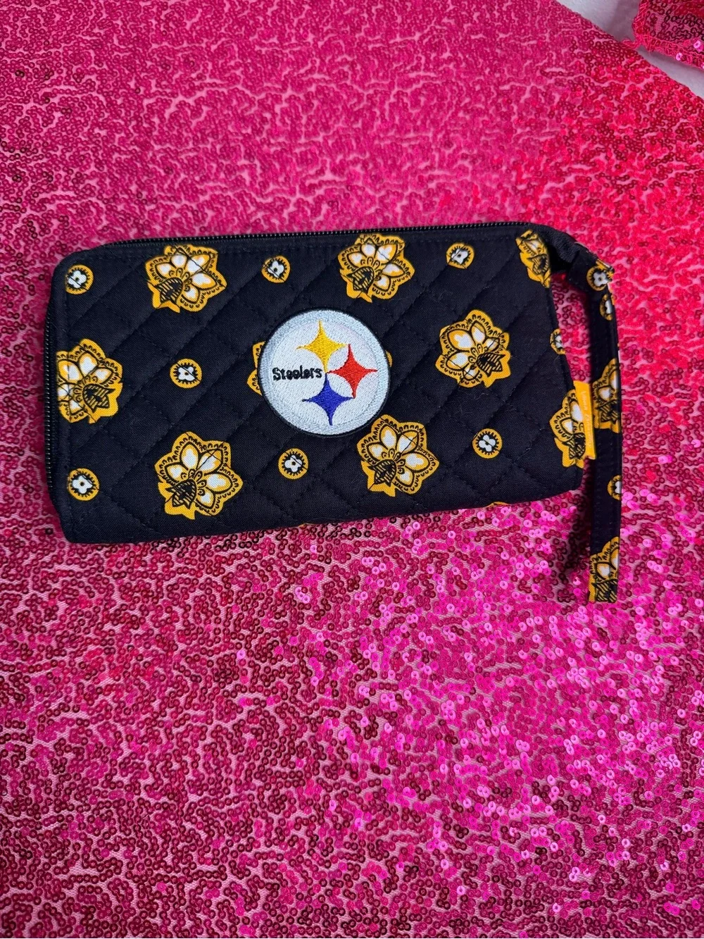 Vera Bradley Black Quilted Wristlet with Yellow Floral Steelers